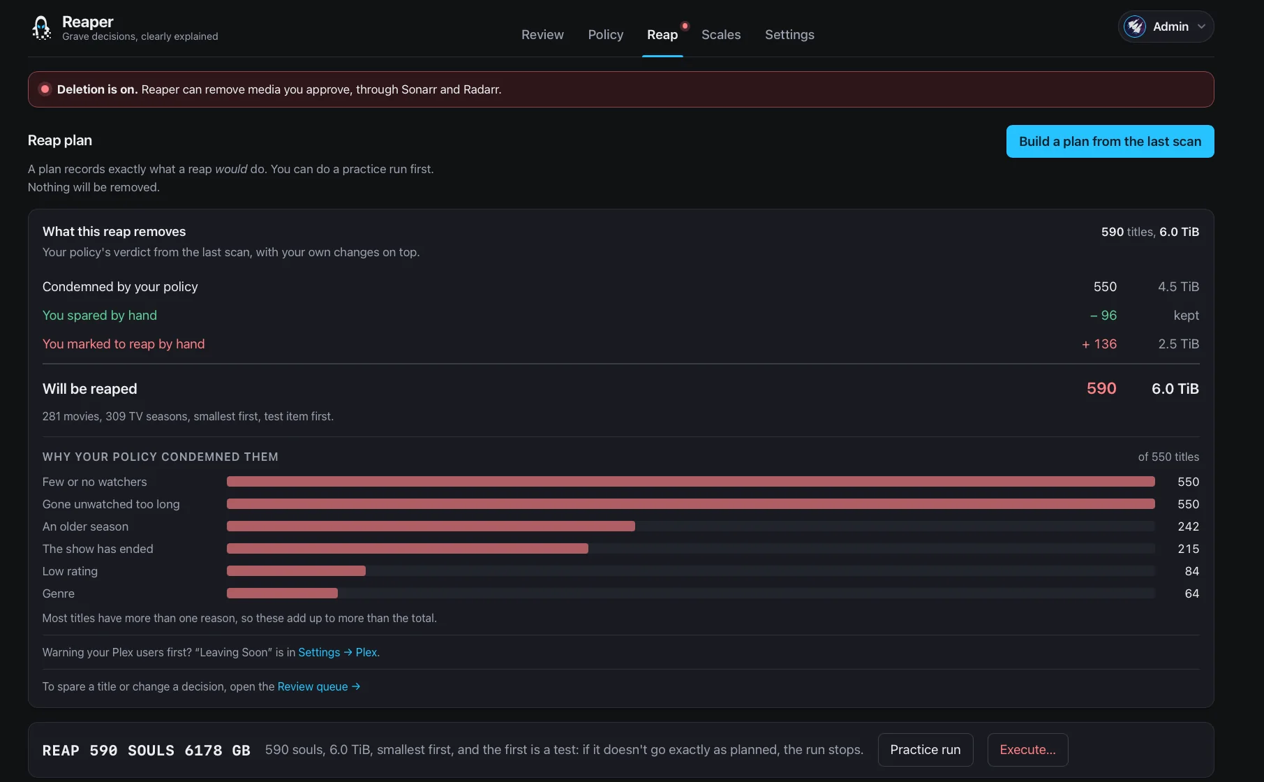 Reaper's reap plan. A summary of what the reap removes, a breakdown of why the policy condemned them, and the list of individual API requests it will send, each marked waiting.