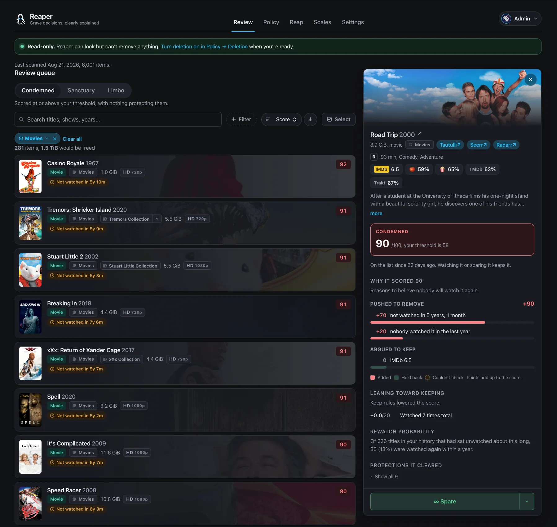 Reaper's review queue. Scored titles on the left, each showing how long it has gone unwatched, and a panel on the right breaking down why one of them scored 90.